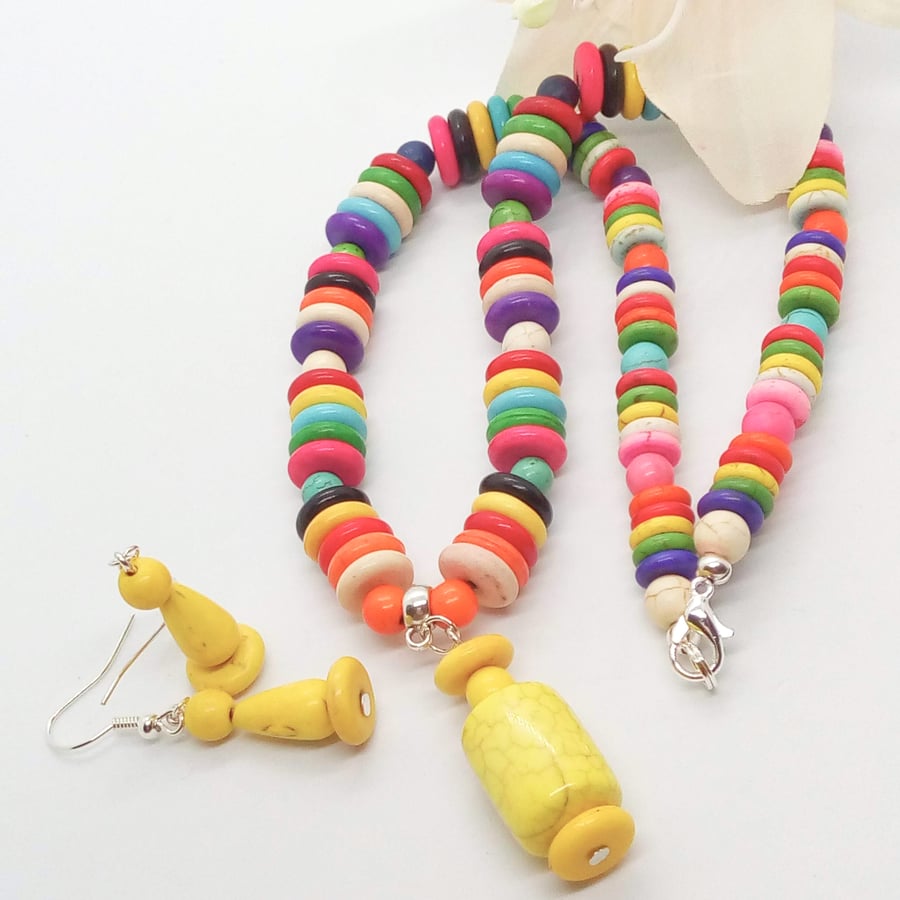 Beautiful Bundle, Dyed Howlite Necklace with Yellow Pendant and Earrings