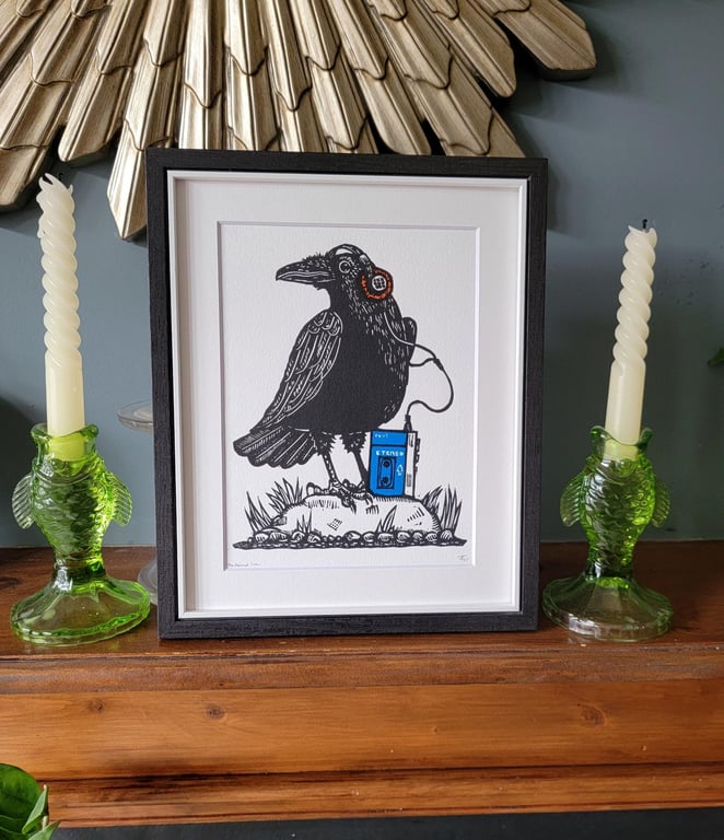 Music Loving Crow - handmade original linocut bird art print