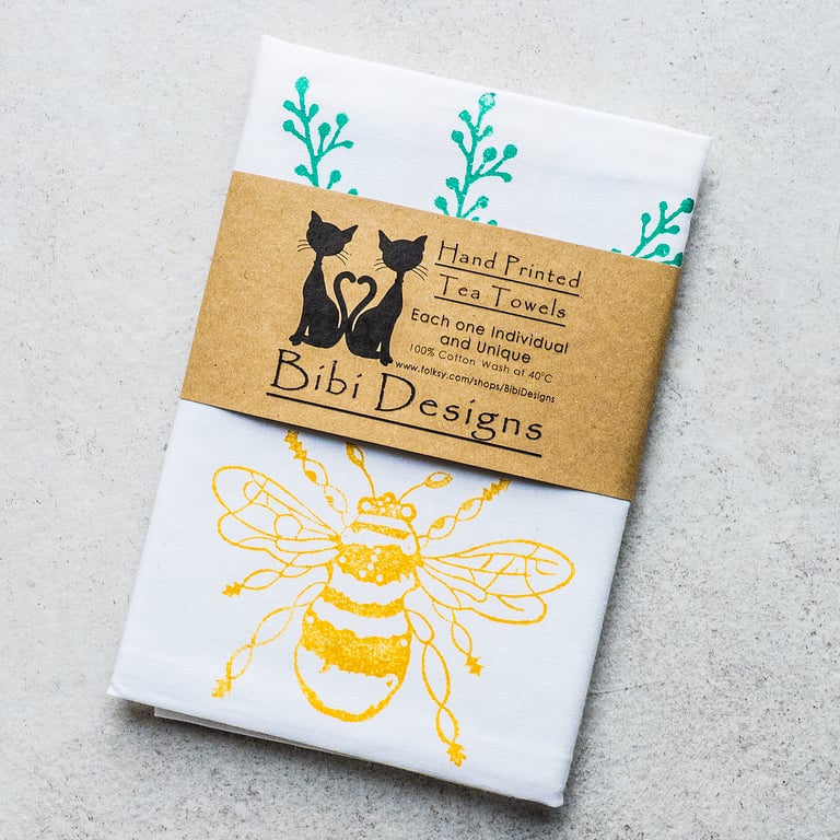 Hand printed bee tea towel wedding, housewarming gifts for wildlife lovers bees