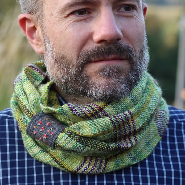 Unisex cowl woven in greens and purple hand dyed yarn with mushroom embroidery