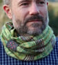 Unisex cowl woven in greens and purple hand dyed yarn with mushroom embroidery