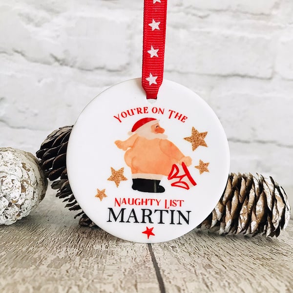 Funny Personalised Naughty list santa bauble, adult naughty list christmas decor