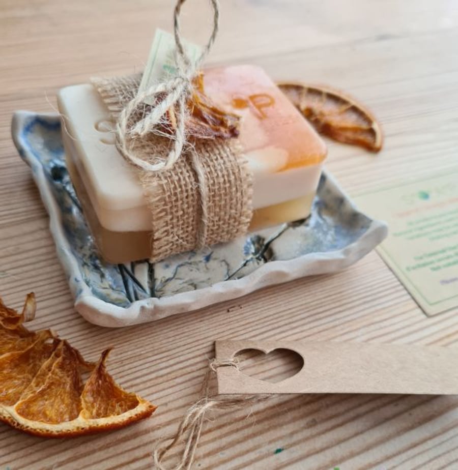 Handmade Botanical Ceramic Soap Dish & Natural Orange Soap