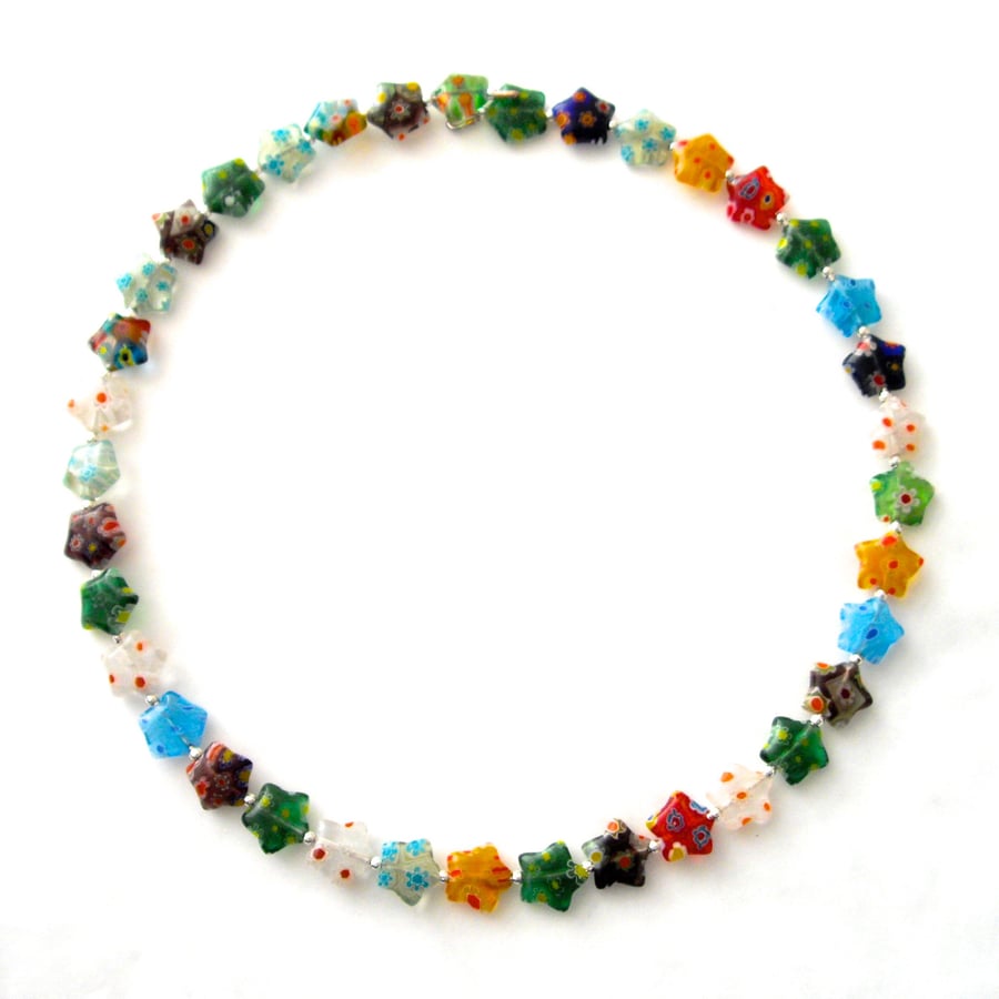 Millefiori Star Bead Memory Wire Necklace - UK Free Post