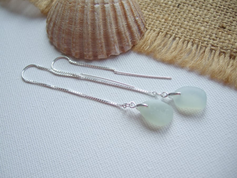 Sea glass threader earrings, opalescent beach glass earrings, threaders, sterlin