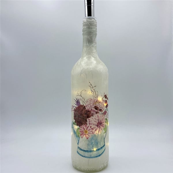 Decoupage Bottle light, pink flowers in a watering can
