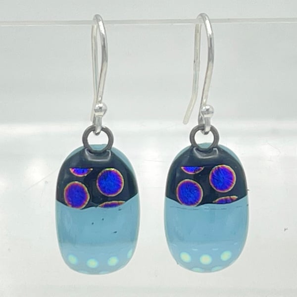 Pale Blue Spots Glass Dichroic Drop Earrings