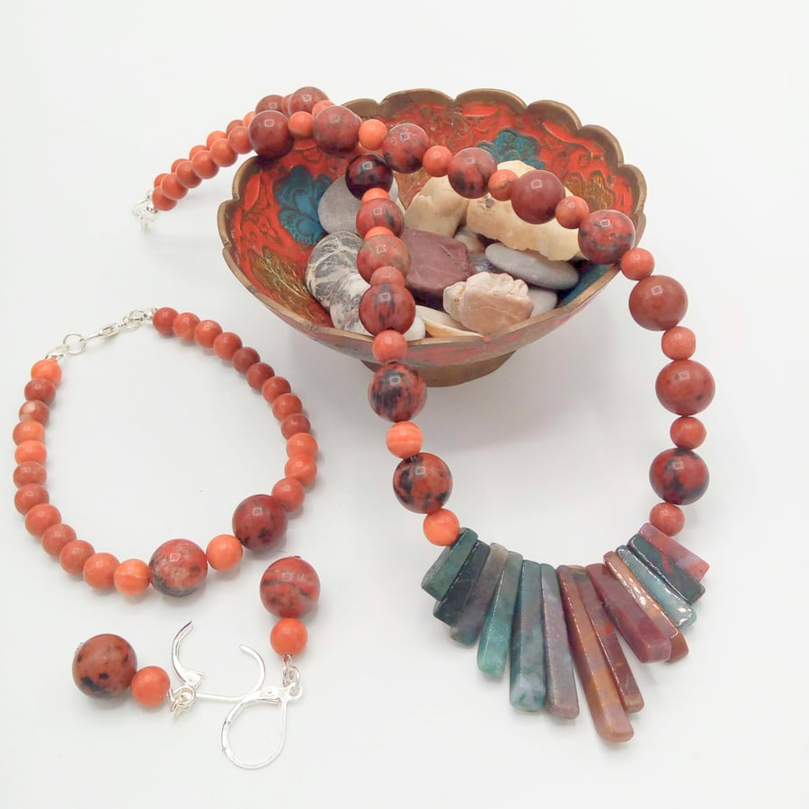 Jasper Necklace with Graduated Fan Centre Bracelet and Earrings, Gift for Her
