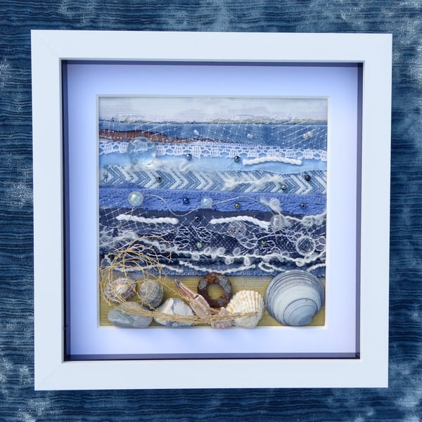 Beach landscape art 3D framed collage 8" x 8" made with repurposed materials