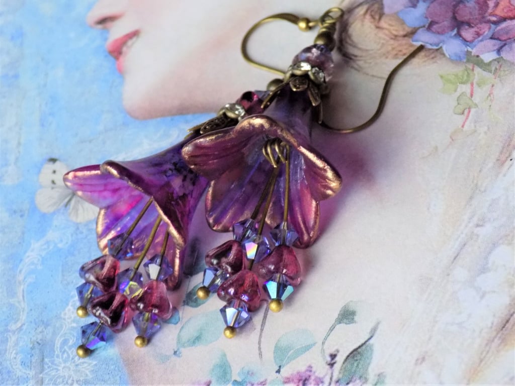 Plum, Purple, and Gold "Plums & Damsons" Hand Painted Lucite Flower Earrings