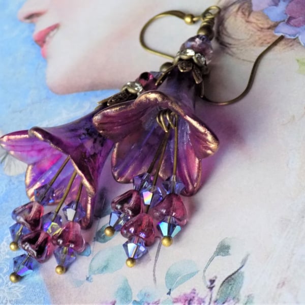 Plum, Purple, and Gold "Plums & Damsons" Hand Painted Lucite Flower Earrings