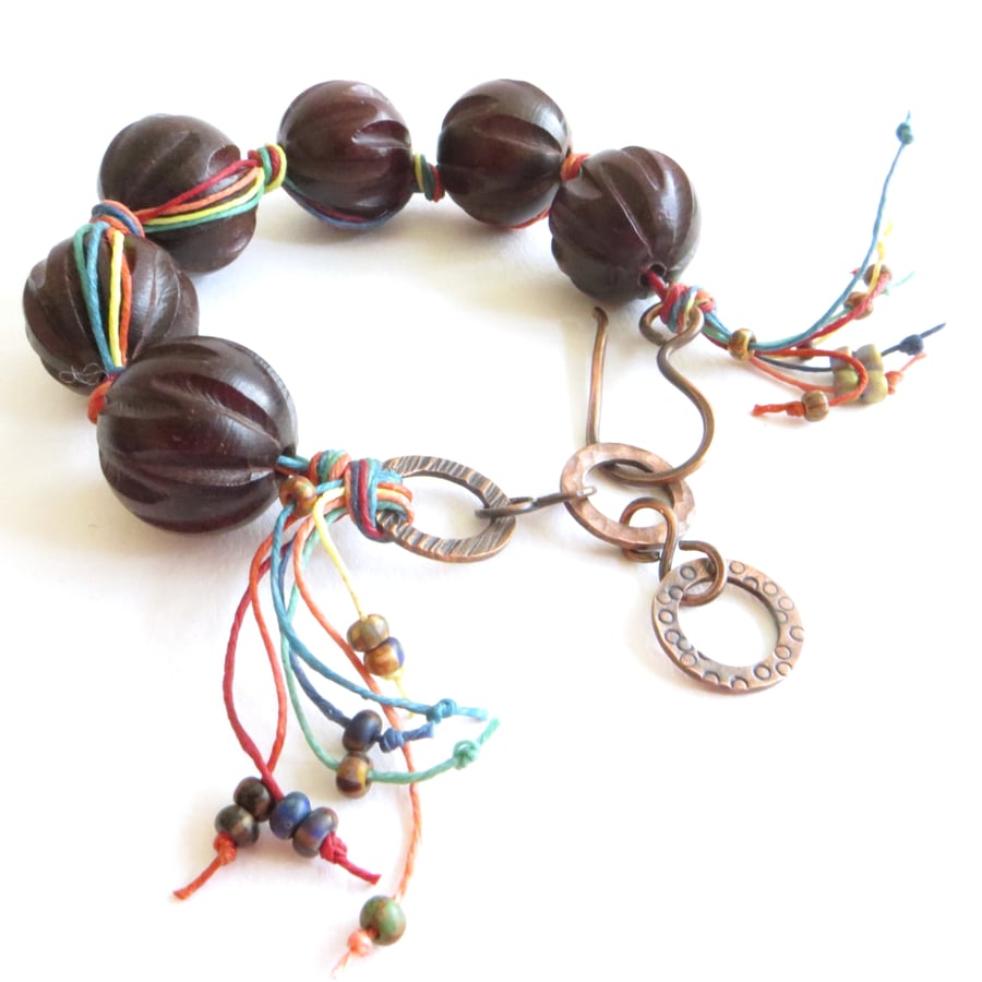 SALE Wooden Bead Bracelet, Rainbow Bracelet with Oxidised Copper, OOAK, 