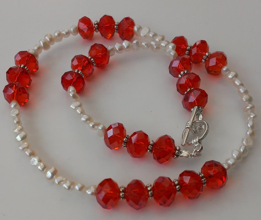 SALE Freshwater Pearl & Red Glass Pendant