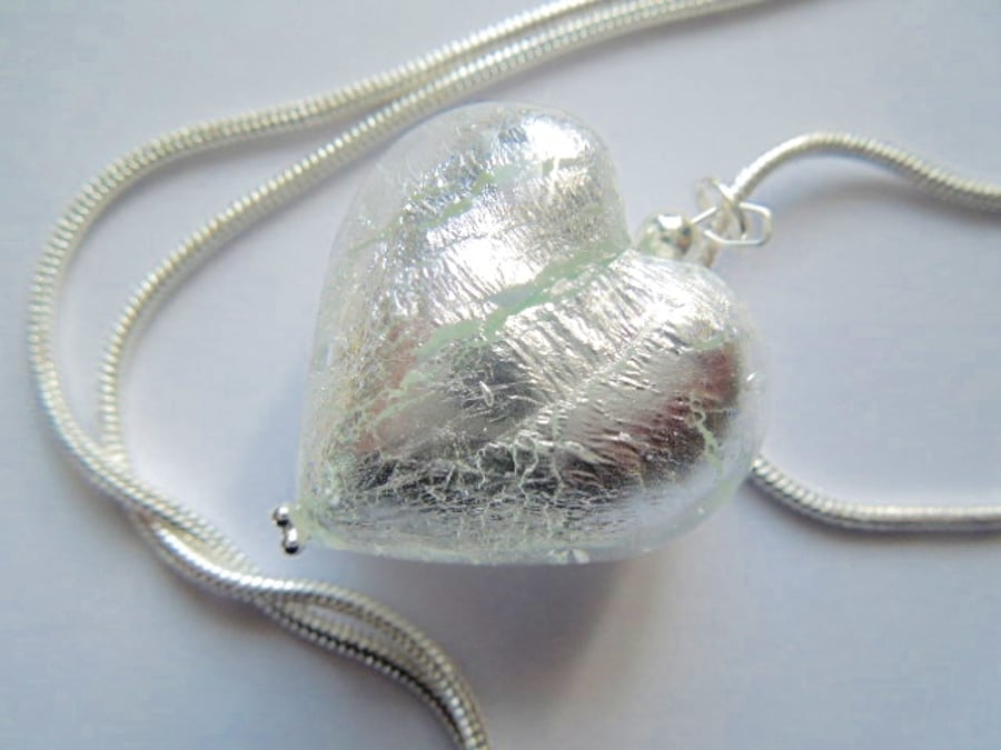Silver Murano large heart pendant with sterling silver.;