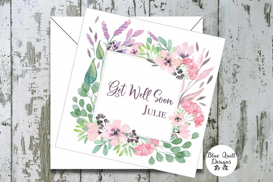 Personalised Get Well Soon Card - Spellbound Watercolour Flower Border