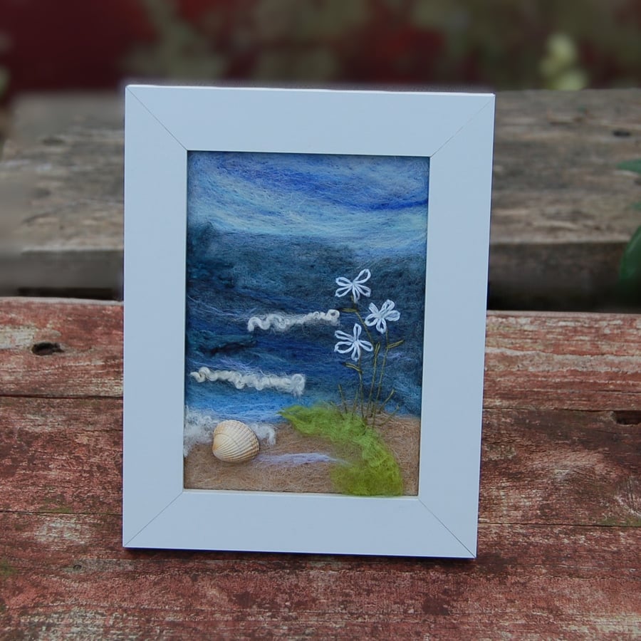 Coastal Art Needle felted and hand embroidered  framed picture - Seashore Scene