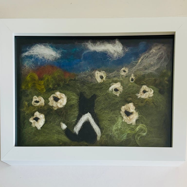Framed needlefelted British countryside sheepdog scene