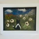 Framed needlefelted British countryside sheepdog scene
