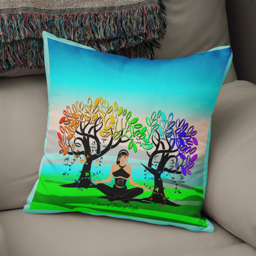 CUSHION - Poly Linen or Faux Vegan Suede - TREE OF LIFE Chakra Meditation Pillow