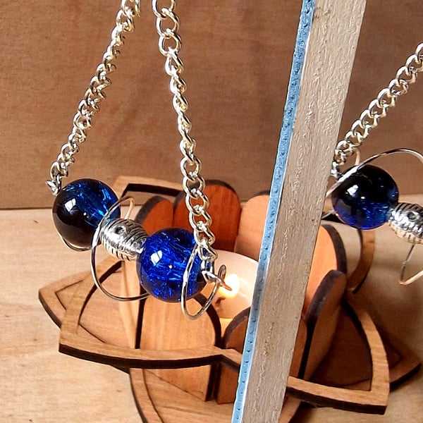 Handmade Blue Crackle Glass Drop Earrings, Silver Chain Dangle Earrings, Boho 