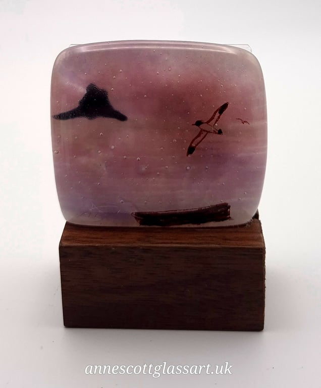 Holy Island on Pink Fused Glass Panel on Block