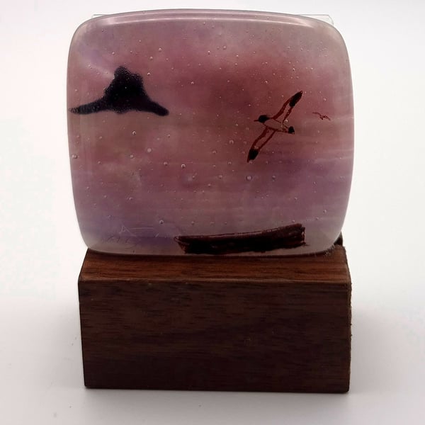 Holy Island on Pink Fused Glass Panel on Block