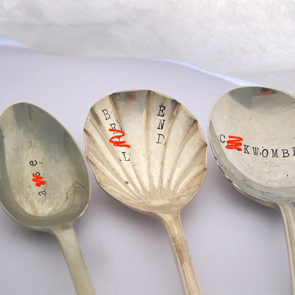 ABC Set of Three Sweary Spoons, Rude Handstamped Vintage