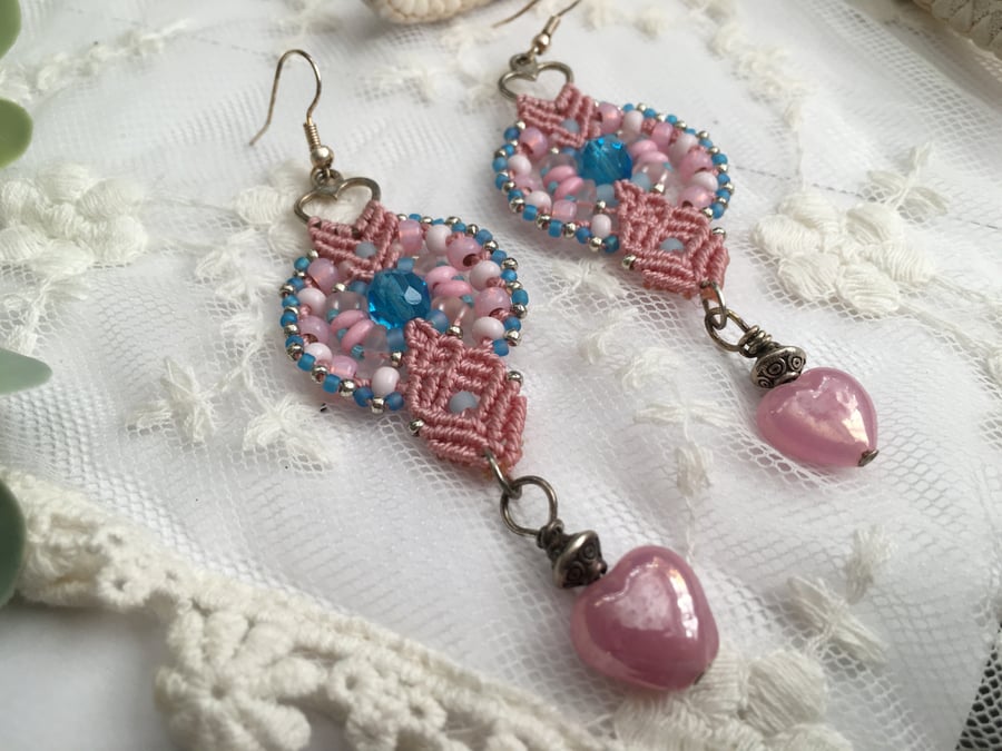 Dangle drop pink macrame woven earrings