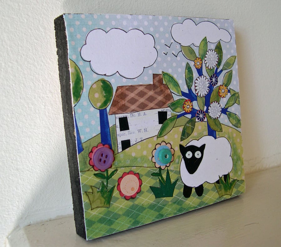 Meadow Sheep Mounted Print on Wooden Block