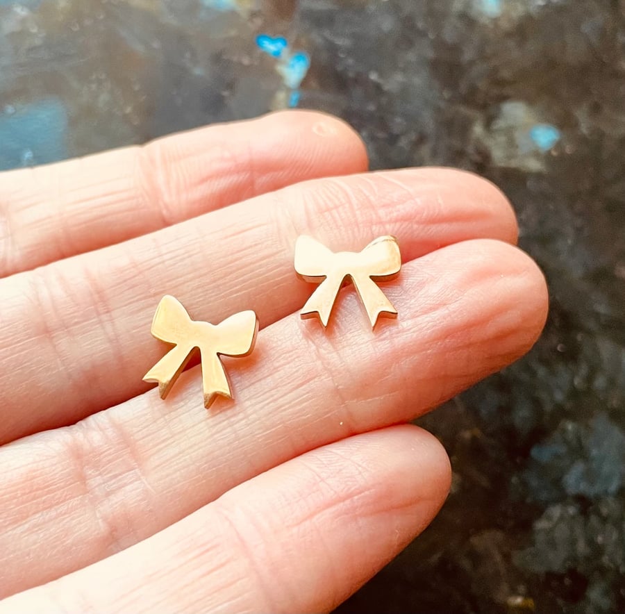 Rose Gold Ribbon Bow Stud Earrings 