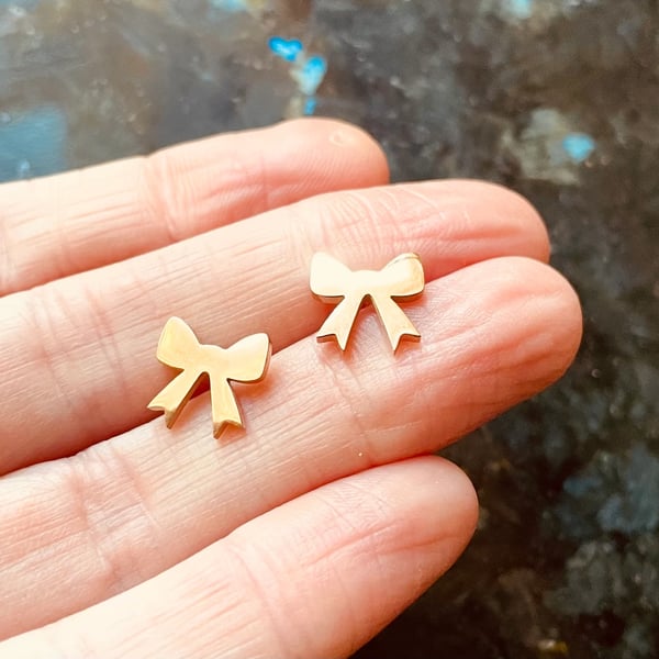 Rose Gold Ribbon Bow Stud Earrings 