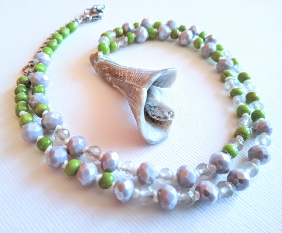 Hand-knotted sea-worn shell crystal bead necklace 