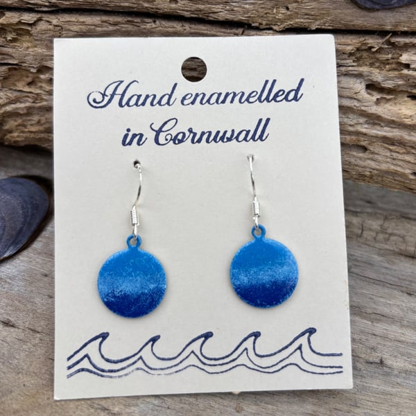 Hand enamelled sea blue earrings on sterling silver ear hooks 