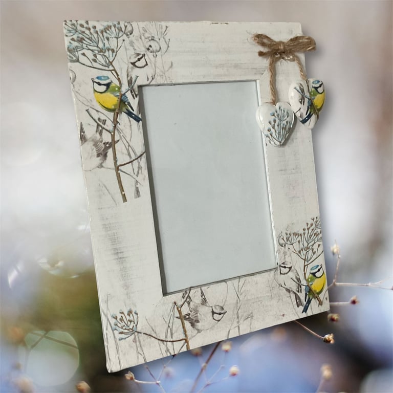 Driftwood effect photo frame. Blue Tit Birds.