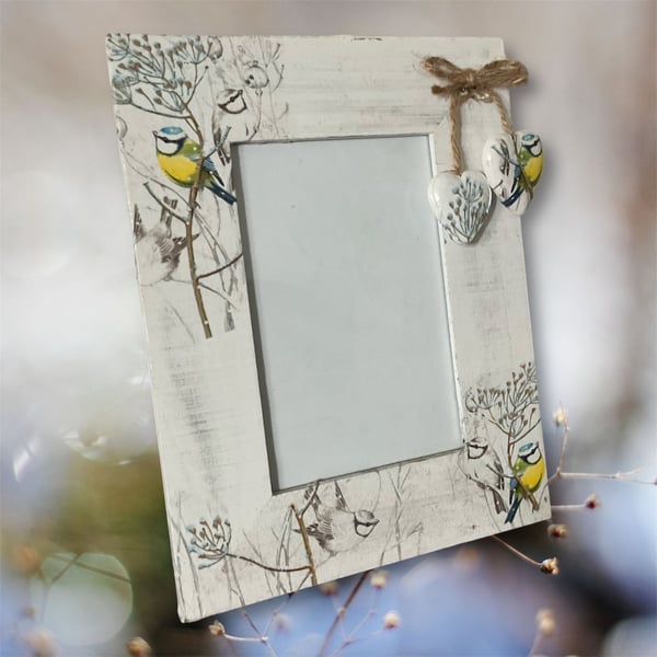Driftwood effect photo frame. Blue Tit Birds.