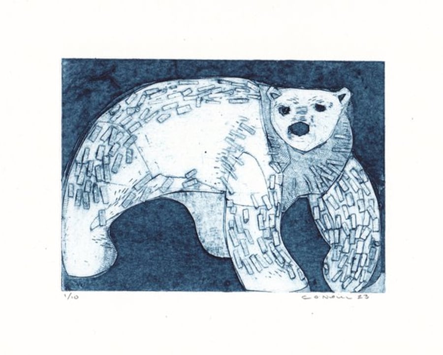 The Great North Bear - Version 2- Original Collagraph Print  Polar Bear