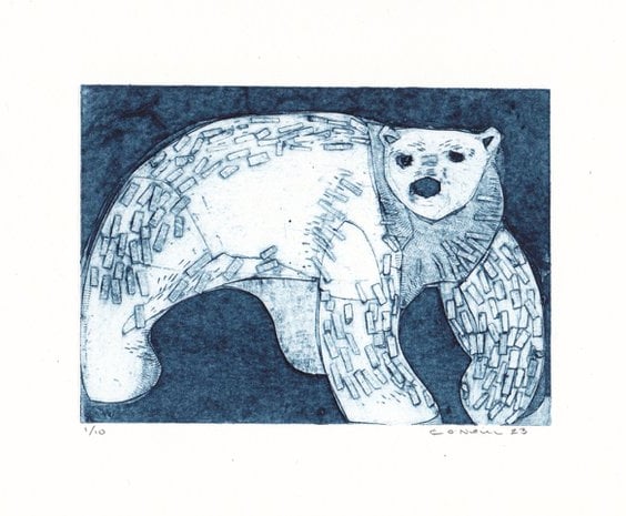 The Great North Bear - Version 2- Original Collagraph Print  Polar Bear