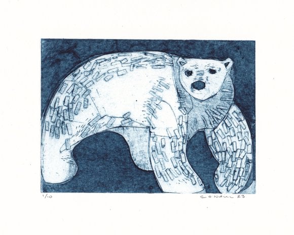 The Great North Bear - Version 2- Original Collagraph Print  Polar Bear