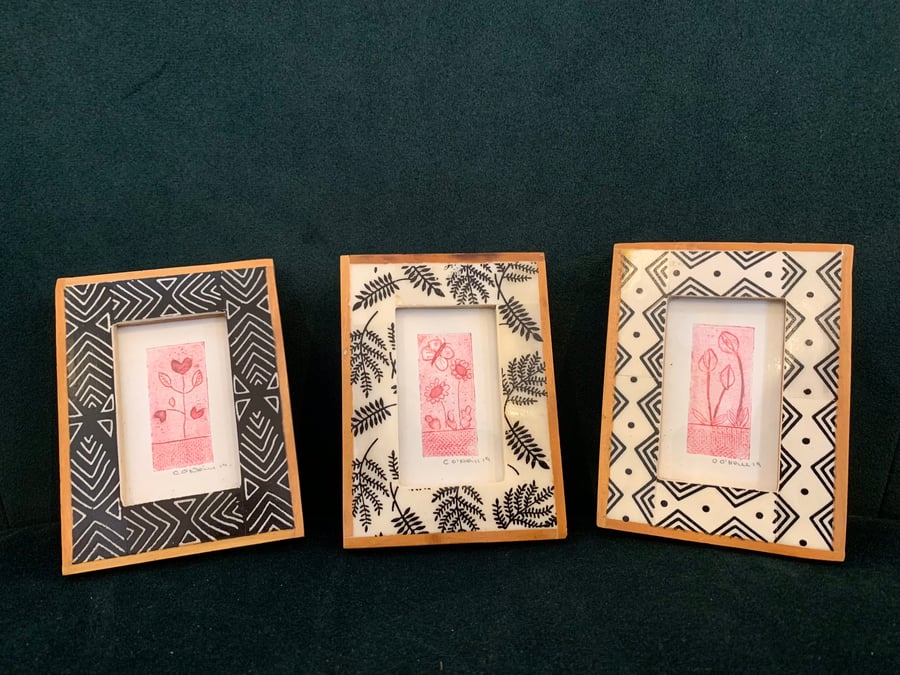 Three mini Framed Collagraph prints in Pink