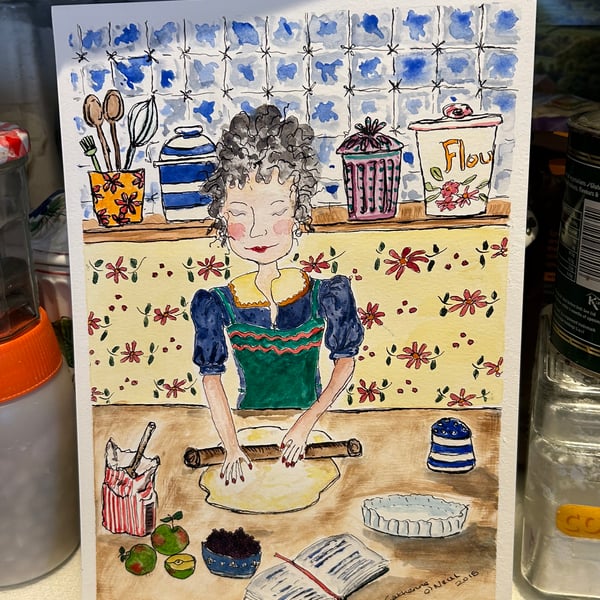 Saturday Morning Home Baking. -   Original watercolour and ink drawing 