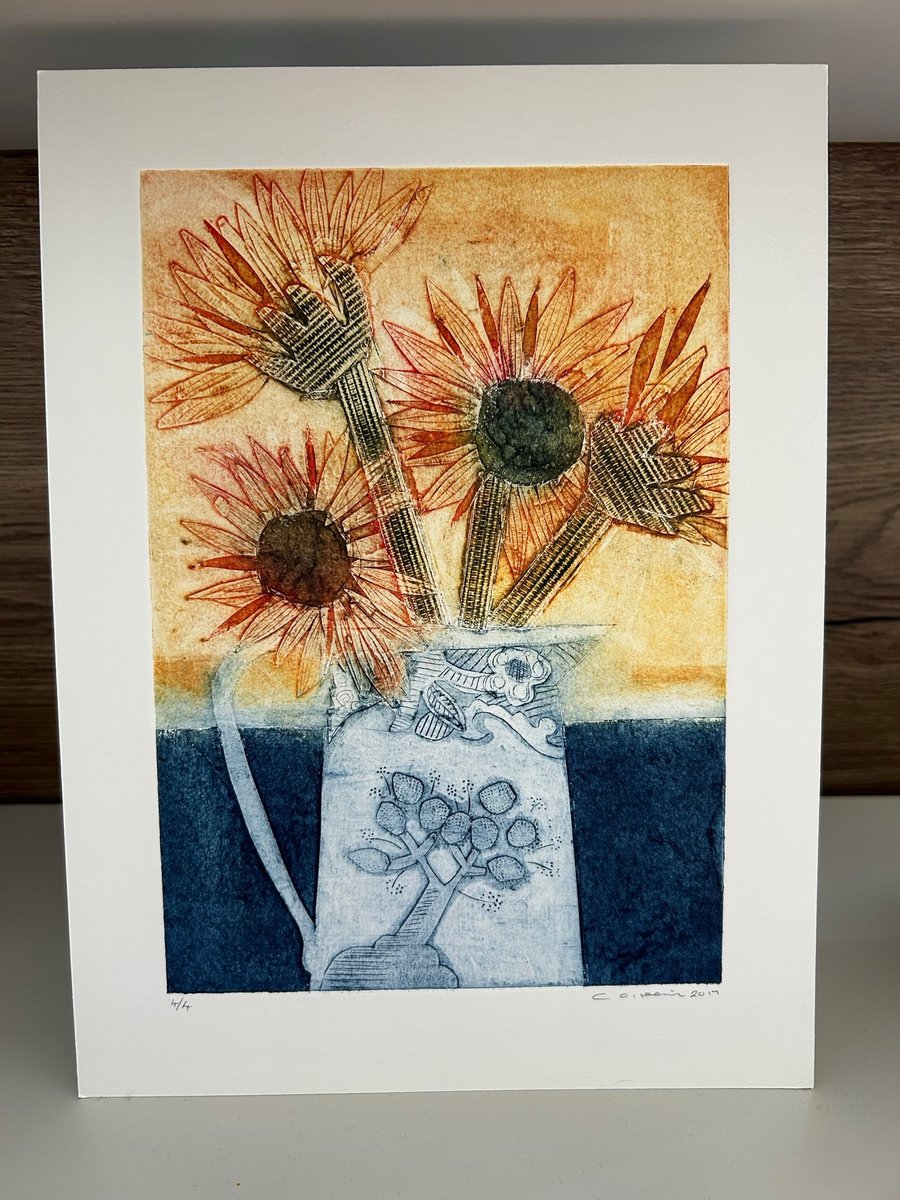 Sunflowers in a Blue Jug. - Collagraph Print