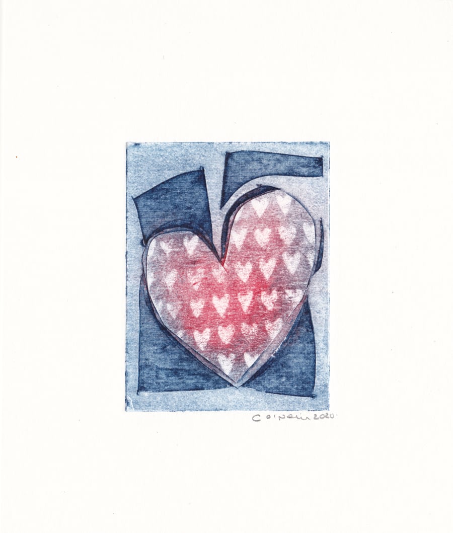 Love Heart on Blue - Collagraph print - Valentine 