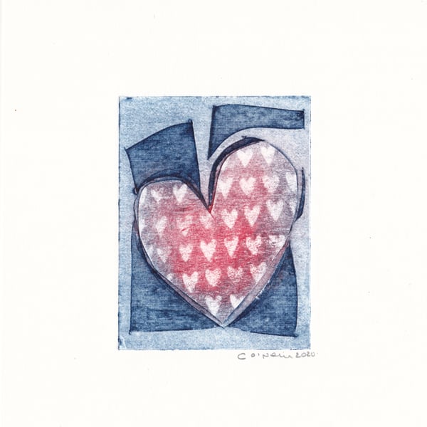 Love Heart on Blue - Collagraph print - Valentine 