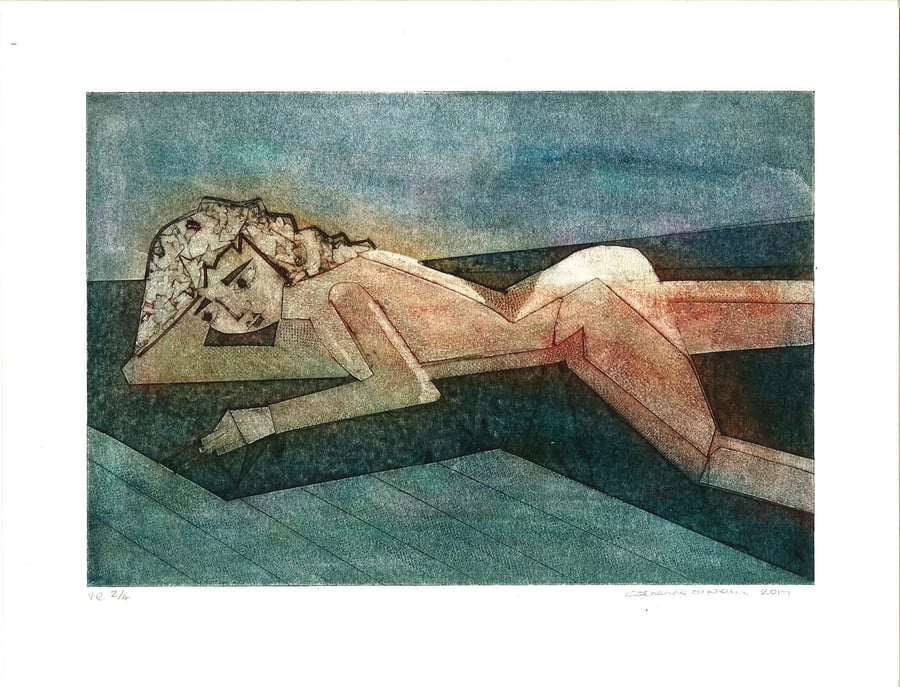 Cubist Style Female Nude  Varied edition - Handprinted Collagraph 