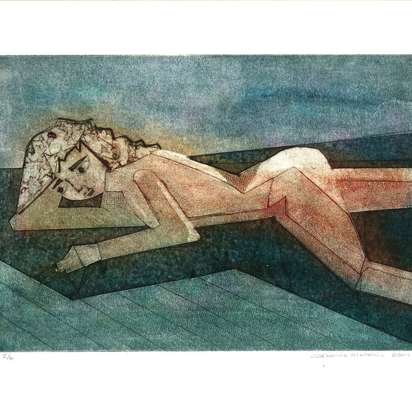 Cubist Style Female Nude  Varied edition - Handprinted Collagraph 