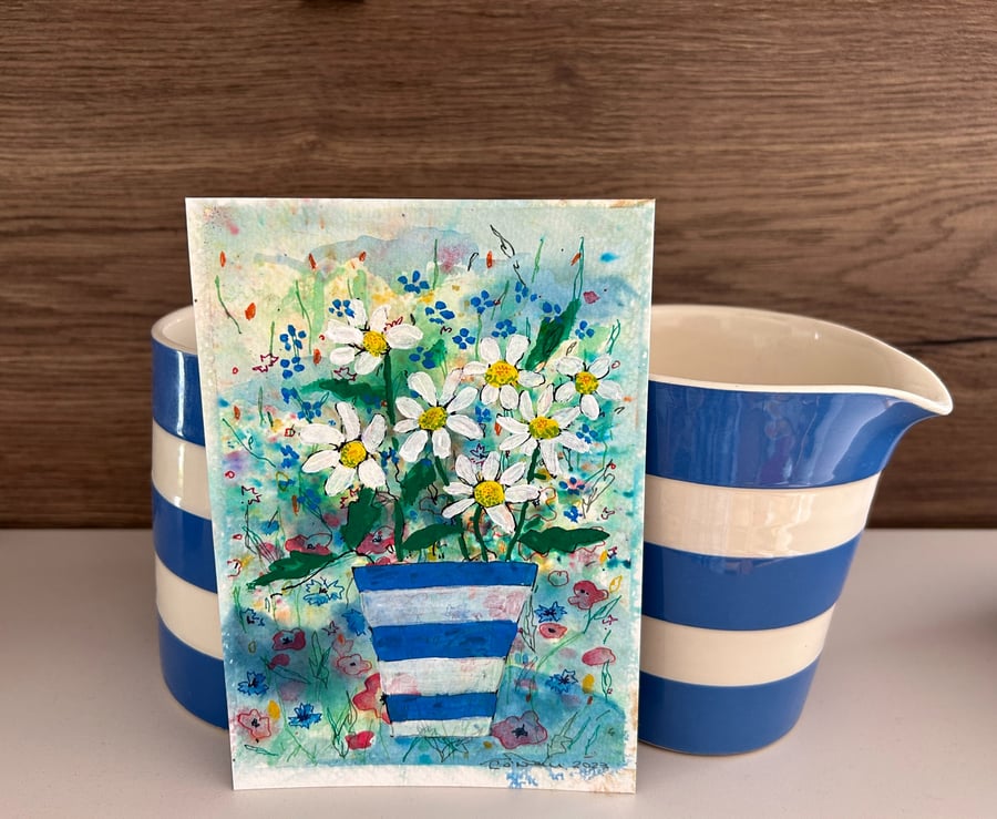 Daisies in Cornishware - Watercolour and Gouache
