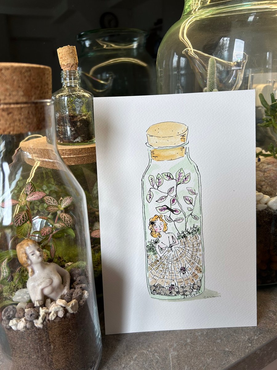 Girl in a Terrarium with Spidery Friends.  Original watercolour and Ink drawing