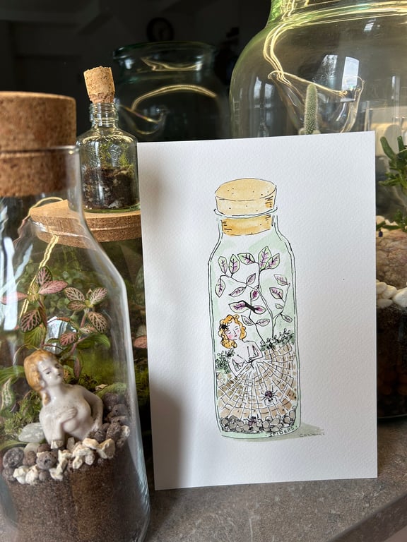Girl in a Terrarium with Spidery Friends.  Original watercolour and Ink drawing