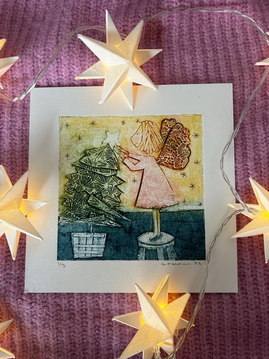 Twinkly Star - Golden Back ground - Christmas Collagraph Print