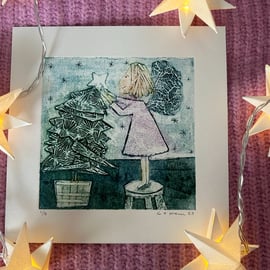 Twinkly Star - In Blue - Christmas Collagraph Print